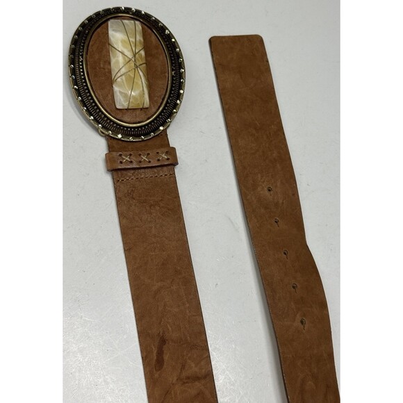 VTG Saks Fifth Avenue Brown Leather Belt Size L Chunky Boho Stone Brass Buckle main image 9